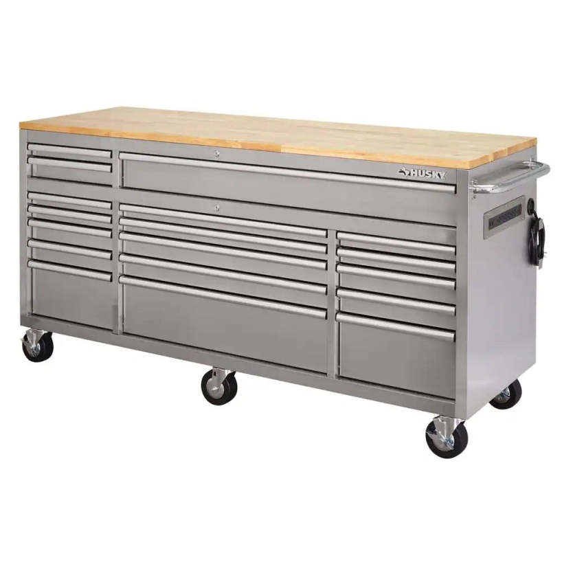 72 in. 18-Drawer 24 in. D Mobile Workbench with Solid Wood Top Stainless Steel 1