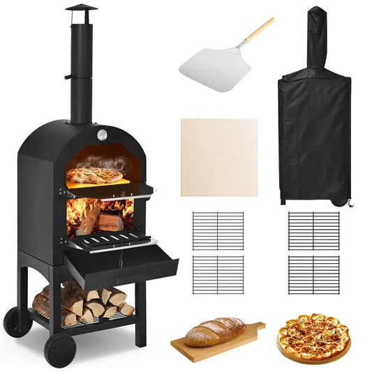 2 Layer Steel Outdoor Pizza Oven Wood Fire Pizza Grill Maker with Wheels, Pizza Stone & Peel, Waterproof Cover 1