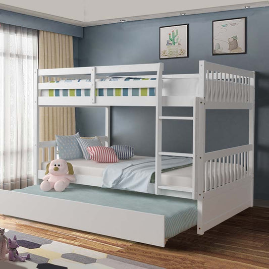 Solid Wood Full Over Full Bunk Bed Frame with Trundle, Safety Ladder & Guardrails, Convertible Bunk Bed for Kids Teens 1